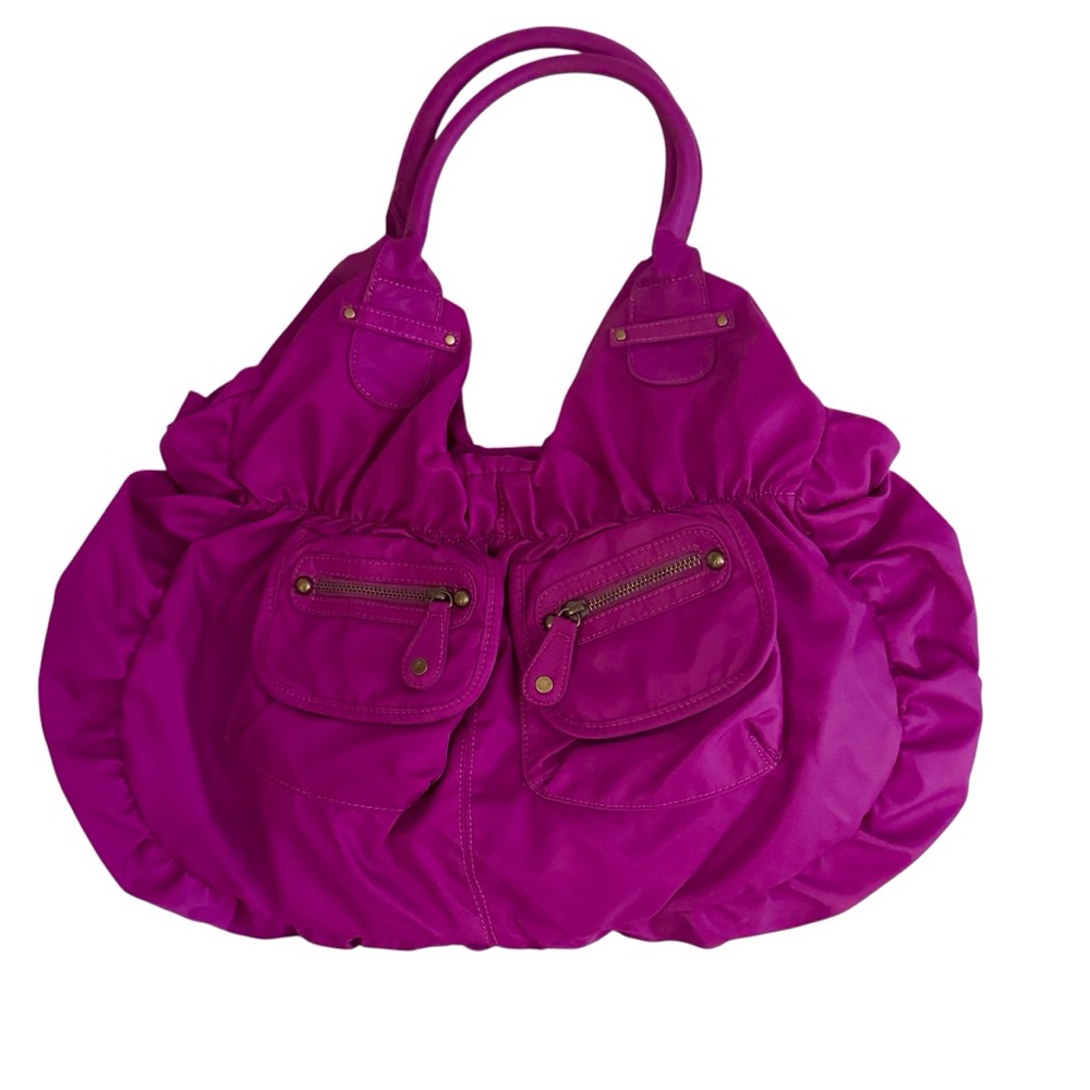 Vintage Y2K Magenta Puff Nylon Shoulder Bag – Ruched Satchel